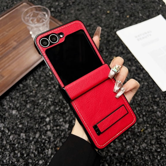 for Samsung Galaxy Z Flip 5 Case with Hinge Protection, Hidden Kickstand, Classic PU Leather Shockproof Protective Cover, Business Style Slim Fit Back Case for Samsung Galaxy Z Flip 5, Red