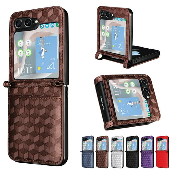 for Samsung Galaxy Z Flip 5 Case Luxury PU Leather Diamond Patterned Wallet Cover, Protective Phone Case Card Slots Pocket Comprehensive Protection Case for Samsung Galaxy Z Flip 5,Brown