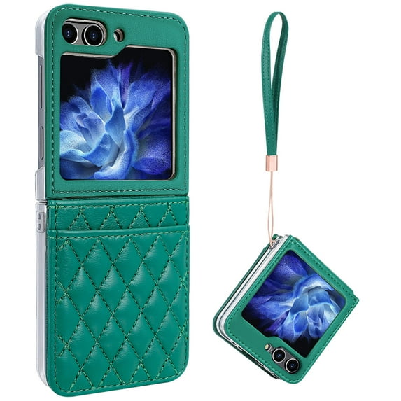 for Samsung Galaxy Z Flip 5 Case, Luxury PU Leather Wallet Protective Phone Case Card Holder Purse Phone Cover Case with Wrist Strap for Samsung Galaxy Z Flip 5 Shockproof Case, Green