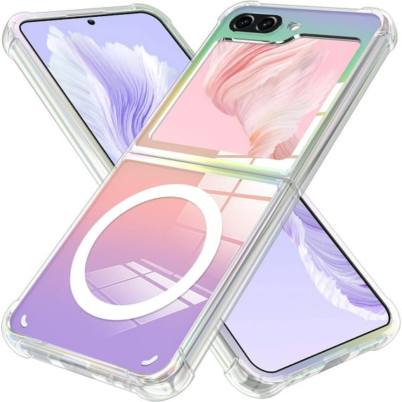 for Samsung Galaxy Z Flip 5 Case Magnetic 【Support for Magsafe】 Bling Laser Florescent Iridescent Crystal Luxury Case Camera Protector + 2* Screen Protector Shockproof Edge Cover Case