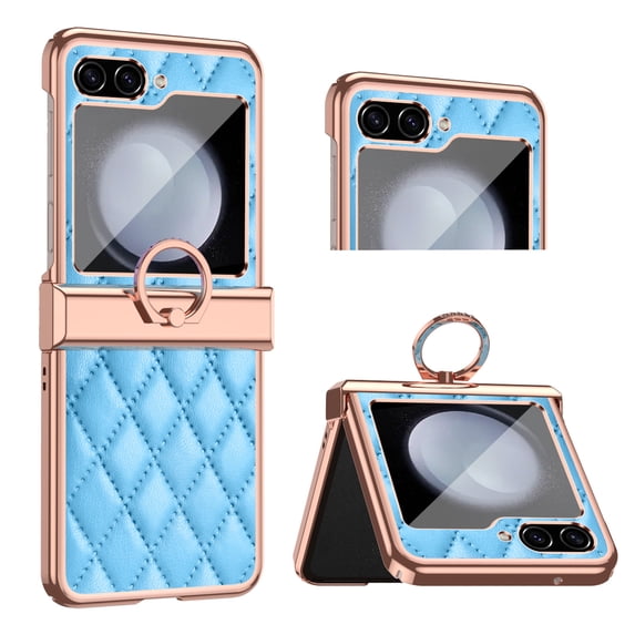 for Samsung Galaxy Z Flip 5 Case, Mantto Premium Elegant Patterned Leather Shockproof Cover with Ring Stand Holder Flip Folio Case with Hinge Protection for Samsung Z Flip 5, Blue