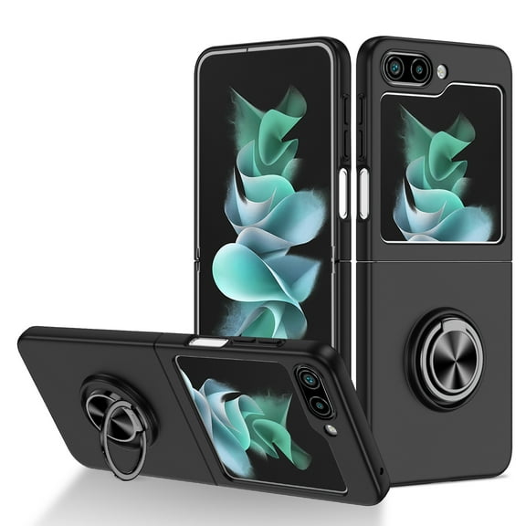 for Samsung Galaxy Z Flip 5 Case, Phone Case Samsung Z Flip 5 5G, Slim Kickstand with 360 Rotating Ring Holder Shockproof Protetive Girls Women PC Cover for Galaxy Z Flip 5 2023, Black