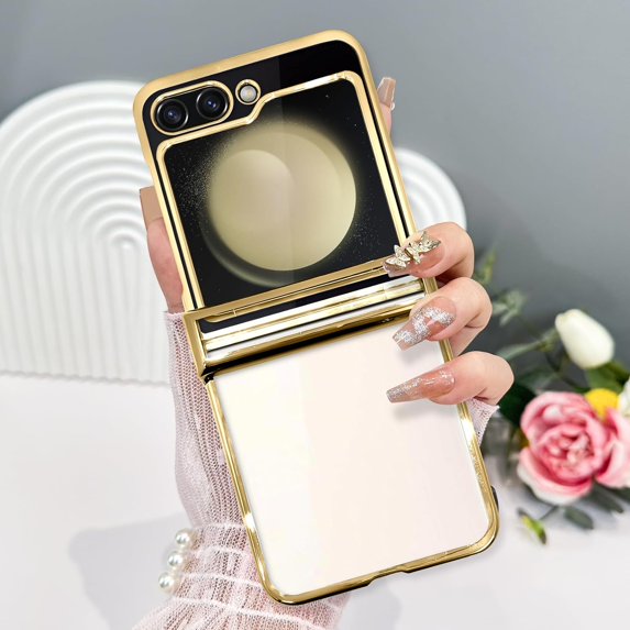 for Samsung Galaxy Z Flip 5 Case Plating Frame Electroplate Clear Luxury Elegant Case Camera Protector Soft TPU Shockproof Protective 3 PCS Anti-Skid Galaxy Z Flip 5 Case -Gold