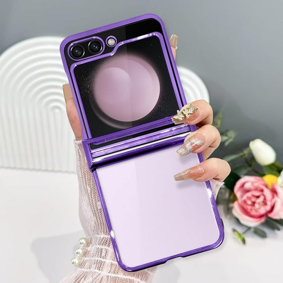for Samsung Galaxy Z Flip 5 Case Plating Frame Electroplate Clear Luxury Elegant Case Camera Protector Soft TPU Shockproof Protective 3 PCS Anti-Skid Galaxy Z Flip 5 Case -Purple