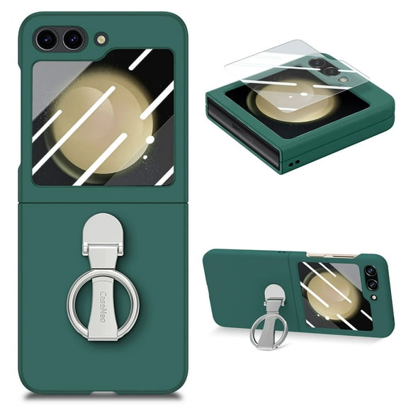 For Samsung Galaxy Z Flip 5 Case with Ring, Heavy Duty Full Body Frosted Hard PC Z Flip 5 Case, Shockproof Slim Phone Case Women Men Protective Cover for Samsung Galaxy Z Flip 5 5G, Darkgreen