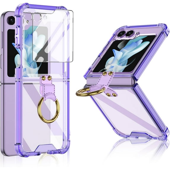 for Samsung Galaxy Z Flip 5 Case with Ring Stand, 1 Front Screen Protector, Crystal Clear Slim Fit, Soft TPU Bumper Shockproof Protective Phone Case for Women Girls Boys(Clear Purple)