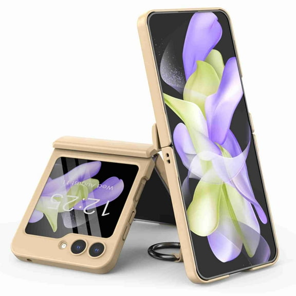 Samsung Galaxy Z Flip 5 Case, Shockproof Ring Holder Stand Hinge Protection Plating with Small Screen Protector Case Cover, Gold