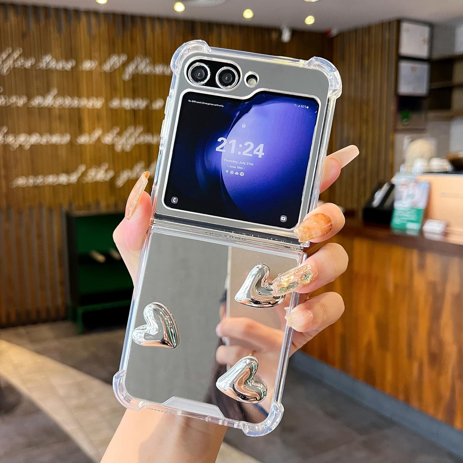★DESIGN SKIN★ Galaxy Z Flip 5 Heart Mirror Case Samsung Galaxy Z Flip 5 Case Silver Mirror Cute Heart Clear