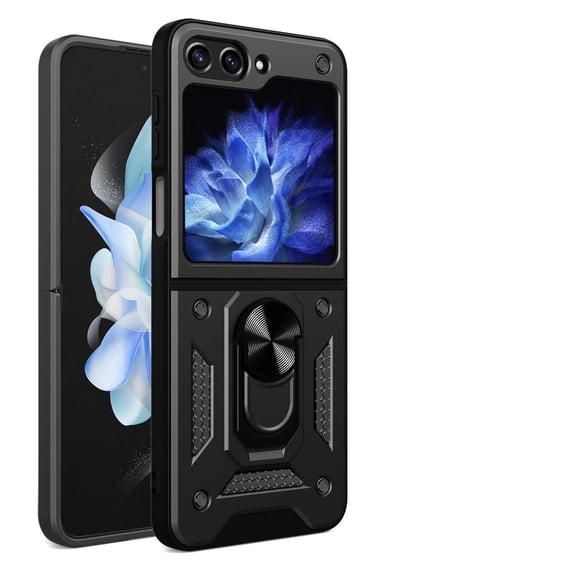 For Samsung Galaxy Z Flip 5 Case with Sliding Camera Lens Cover and Ring Kickstand Heavy Duty Military Grade Rugged Protection Shockproof Back Phone Cover for Samsung Galaxy Z Flip 5, Black