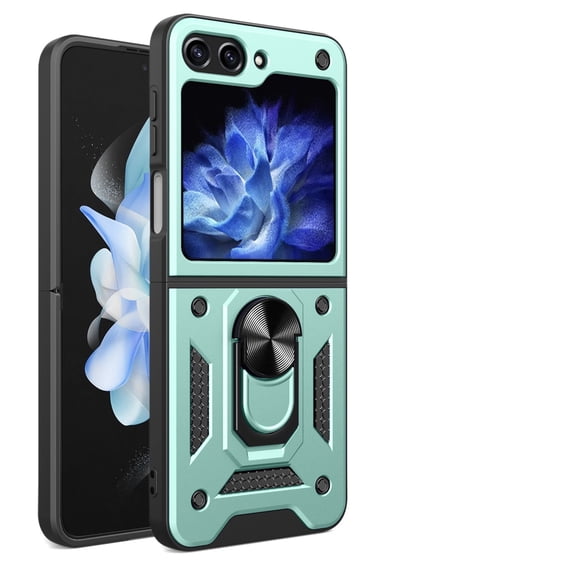 For Samsung Galaxy Z Flip 5 Case with Sliding Camera Lens Cover and Ring Kickstand Heavy Duty Military Grade Rugged Protection Shockproof Back Phone Cover for Samsung Galaxy Z Flip 5, Green