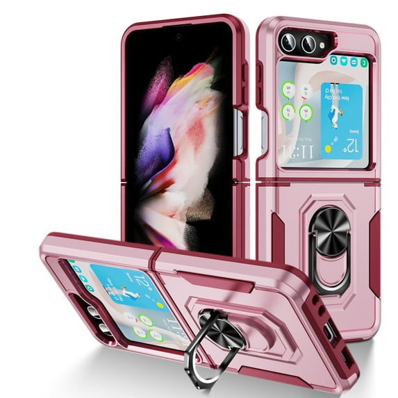 for Samsung Galaxy Z Flip 5 Case, Slim Fit Military Grade Drop Tested Dual Layer Shockproof Case with 360 Ring Holder Kickstand Protective Rugged Car Magnetic Non-Slip Phone Case,Pink+Rose