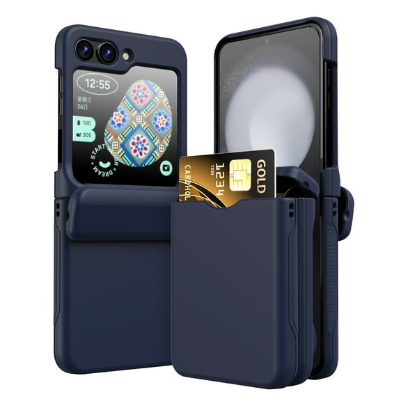 for Samsung Galaxy Z Flip 5 Case with Spring Hinge Protection, Shockproof with Credit Card Holder ID Card Protective Cover Z Flip 5 Phone Case for Samsung Galaxy Z Flip 5 5G, Darkblue