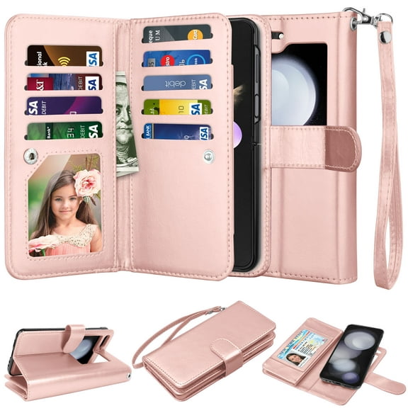 Samsung Galaxy Z Flip 5 Case, Galaxy Z Flip 5 Wallet Case Cover,PU Leather Cards Slots Holder [Kickstand] Flip Cover Magnetic Detachable Hard Case & Strap for Samsung Galaxy Z Flip 5 5G - Rose Gold