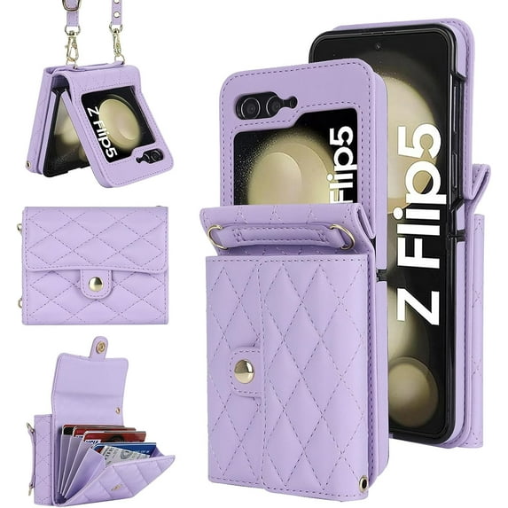 for Samsung Galaxy Z Flip 5 Case, Wallet Phone Case Cute Leather Case with Card Holder Crossbody Cover for Women Girls Strap Wristlet RFID Blocking Shockproof Protective Cover, Purple