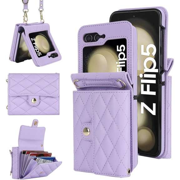 for Samsung Galaxy Z Flip 5 Case, Wallet Phone Case Cute Leather Case with Card Holder Crossbody Cover for Women Girls Strap Wristlet RFID Blocking Shockproof Protective Cover, Purple