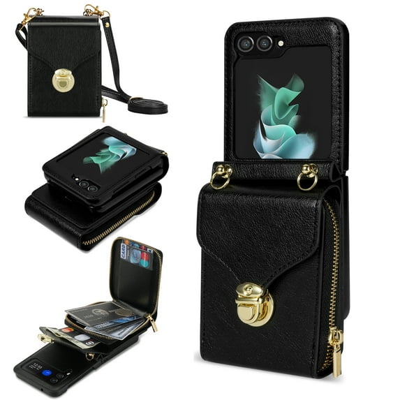 for Samsung Galaxy Z Flip 5 Case Wallet with Shoulder Strap for Women - Crossbody Lanyard,Zipper Pocket,Credit Card Holder,Shockproof - Metal Buckle Closure Premium PU Leather Case, Black