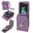 thumbnail image 1 of for Samsung Galaxy Z Flip 5 Case Wallet with Shoulder Strap for Women - Crossbody Lanyard,Zipper Pocket,Credit Card Holder,Shockproof - Metal Buckle Closure Premium PU Leather Case, Purple, 1 of 6