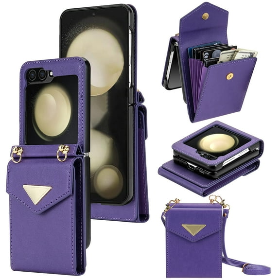 for Samsung Galaxy Z Flip 5 Case Wallet with Wrist Crossbody Strap Card Holder Kickstand, Z Flip 5 Phone Case Shoulder Lanyard,Anti-Drop,Leather Magnetic Closure Pocket Shockproof Case,Darkpurple