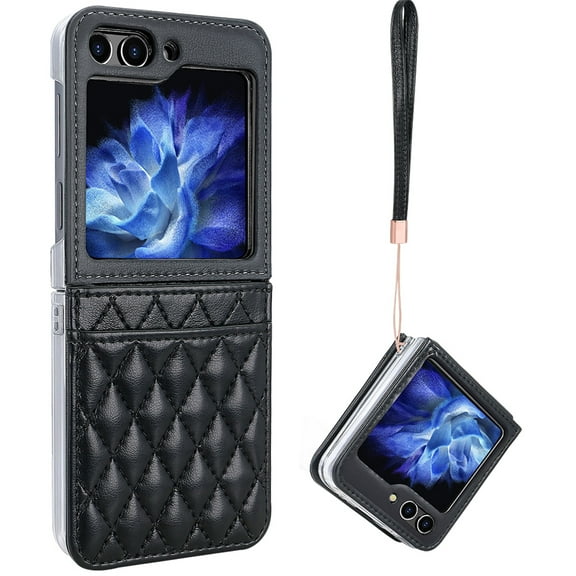 for Samsung Galaxy Z Flip 5 Case with Wrist Strap, Elegant PU Leather Wallet Phone Case with Card Holder, Shockproof Slim Durable Protective Phone Case Cover for Samsung Galaxy Z Flip 5, Black