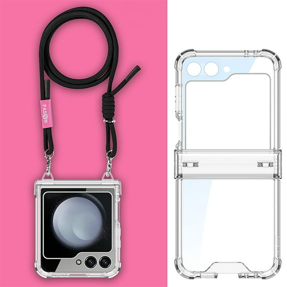 for Samsung Galaxy Z Flip 5 Clear Case with Hinge Protection and Long Rope Shoulder Strap, Military Grade Drop Protection Durable Sturdy Slim Protective Phone Case for Samsung Galaxy Z Flip 5, Black