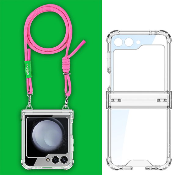 for Samsung Galaxy Z Flip 5 Clear Case with Hinge Protection and Long Rope Shoulder Strap, Military Grade Drop Protection Durable Sturdy Slim Protective Phone Case for Samsung Galaxy Z Flip 5, Pink
