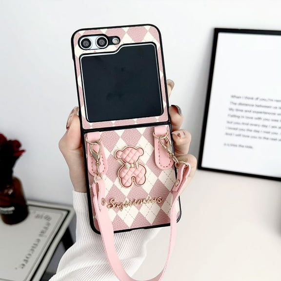 Samsung Galaxy Z Flip 5 Cute Case with Lanyard Strap Leather Anti-Scratch Case  Women Girls-Pink