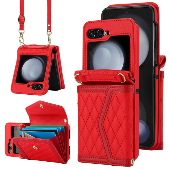 for Samsung Galaxy Z Flip 5 Elegant Case Wallet for Women, 4 Card Holder & Shoulder Strap & Wristlet Flip PU Leather Phone Case with RFID Blocking for Samsung Galaxy Z Flip 5, Red