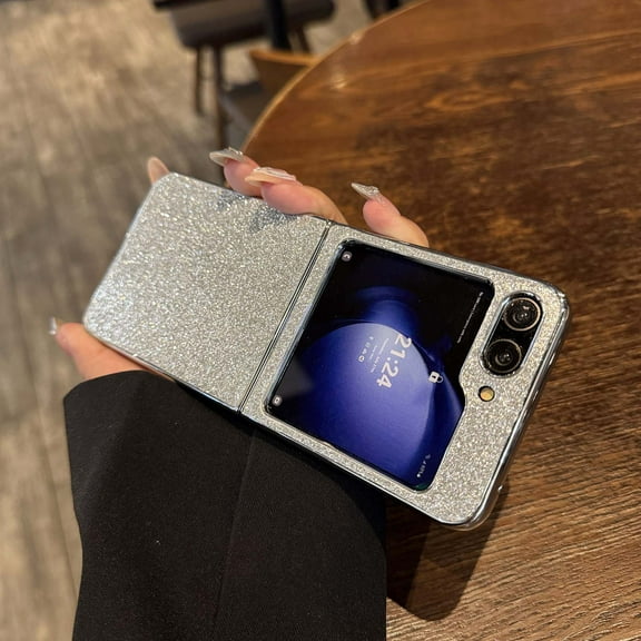 For Samsung Galaxy Z Flip 5 Glitter Phone Case,Cute Bling Sparkle Shiny Glitter Back Design,Electroplated Bumper Shockproof Ultra Slim Rugged Anti-Scratch Rugged Phone Case,Silver