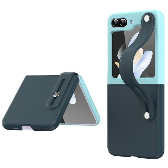 for Samsung Galaxy Z Flip 5 Kickstand Case with Wristband, Ultra Thin Adjustable Wrist Strap Kickstand PU Leather Back Cover Case Hard PC Shockproof Stand Case for Women Girls, Skyblue+Navyblue