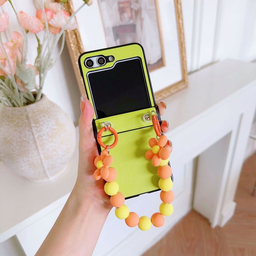 Samsung Galaxy Z Flip 5 Leather Case with Chain Strap Hinge Protection ...