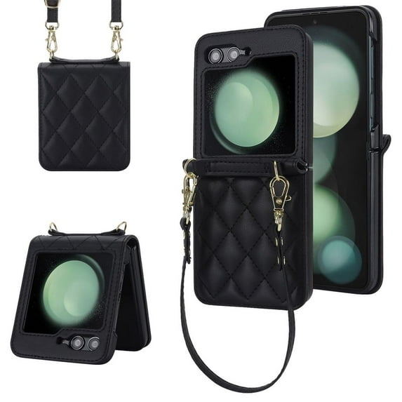 Samsung Galaxy Z Flip 5 Leather Case with Strap Lanyard Shockproof Crossbody Cover Women Girls-Black