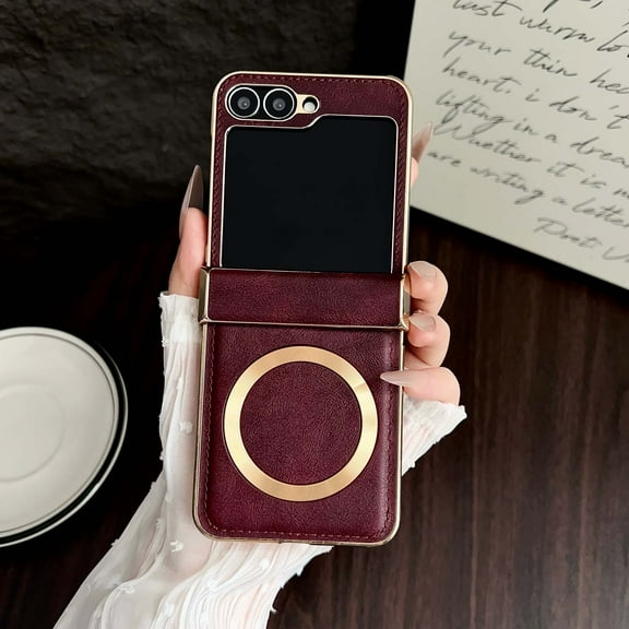 For Samsung Galaxy Z Flip 5 Magnetic Phone Case,Compatible with Mag-safe,Electroplated Hard PC Bumper+PU Leather Back,With Hinge Protection,Shockproof Anti-Scratch Phone Case,Winered