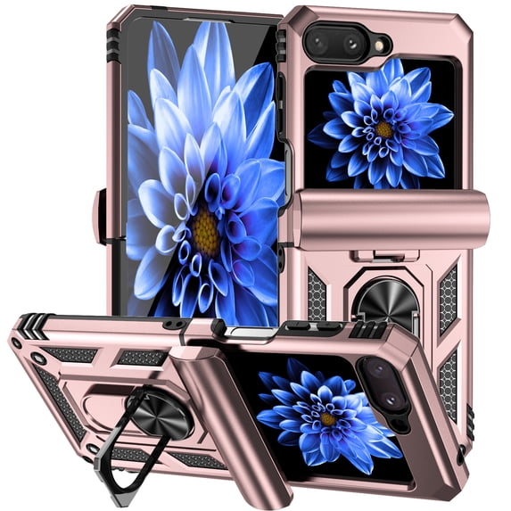 for Samsung Galaxy Z Flip 5 Rugged Phone Case Cover, Kickstand TPU Bumper Drop Proof Durable Military Grade Protective Case Cover for Samsung Galaxy Z Flip 5, Rosegold
