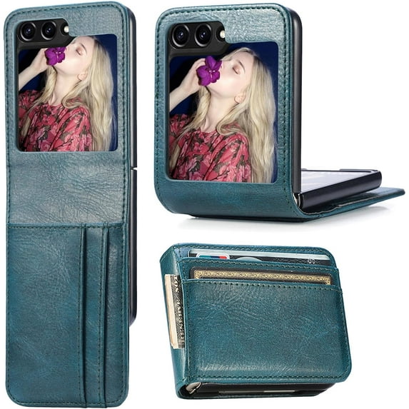 for Samsung Galaxy Z Flip 5 Wallet Case with Card Holder, Business Style Premium Leather for Women Men Protective Phone Case Cover for Samsung Galaxy Z Flip5 5G DK Green
