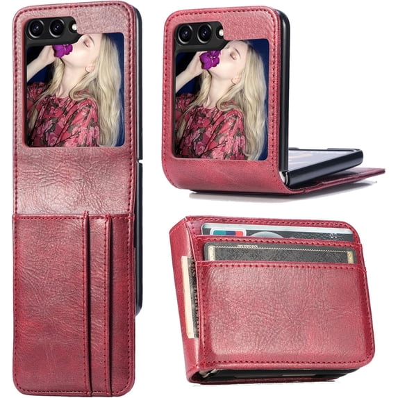 for Samsung Galaxy Z Flip 5 Wallet Case with Card Holder, Business Style Premium Leather for Women Men Protective Phone Case Cover for Samsung Galaxy Z Flip5 5G DK Red