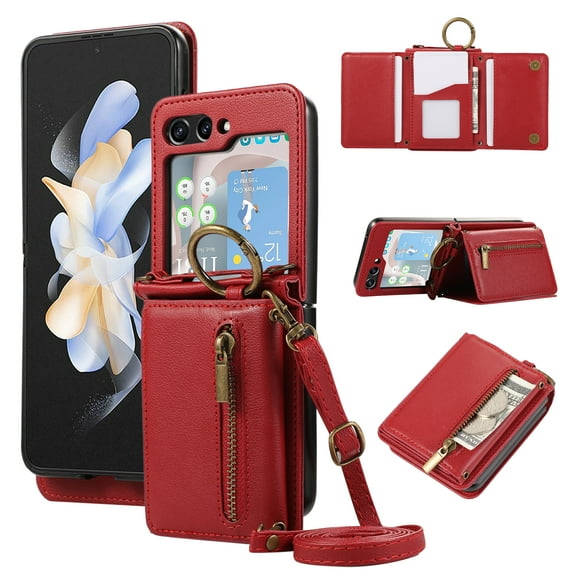 for Samsung Galaxy Z Flip 5 Wallet Case with Card Holders for Women Girls, Crossbody Strap Zipper PU Leather Case with Finger Ring Protective Kickstand Designed for Samsung Galaxy Z Flip 5, Red