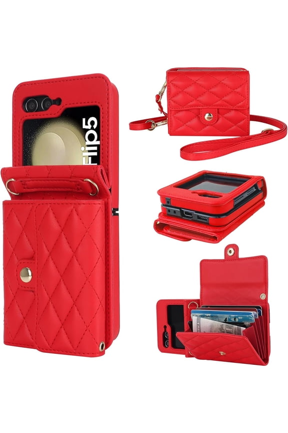 for Samsung Galaxy Z Flip 5 Wallet Case, Crossbody Purse with Credit Card Slot Holder RFID Blocking PU Leather Adjustable Lanyard Detachable Strap Wrist for Women (Red)