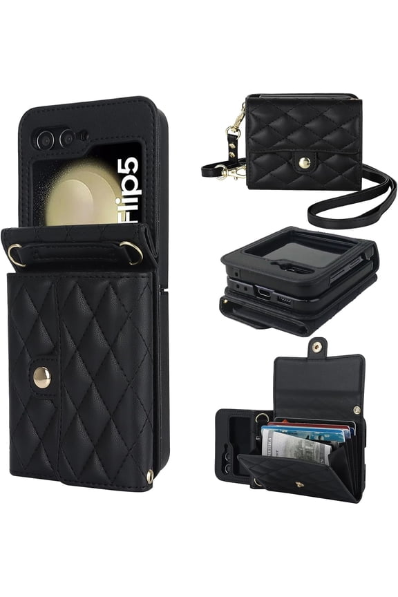 for Samsung Galaxy Z Flip 5 Wallet Case, Crossbody Purse with Credit Card Slot Holder RFID Blocking PU Leather Adjustable Lanyard Detachable Strap Wrist for Women (Black)