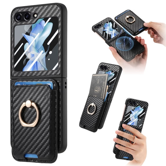 for Samsung Galaxy Z Flip 5 Wallet Case, Detachable Magnetic Wallet Case with Card Slots Ring Stand Carbon Fiber Texture Shockproof Removable Protective Cover for Samsung Galaxy Z Flip 5, Black