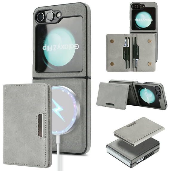 for Samsung Galaxy Z Flip 5 Wallet Case with Detachable Magnetic Credit Card Slots, Premium PU Leather Slim Fit Kickstand Drop Protective Anti-Scratch Skin Friendly Back Case, Gray