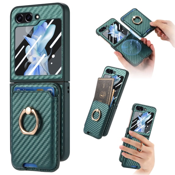for Samsung Galaxy Z Flip 5 Wallet Case, Detachable Magnetic Wallet Case with Card Slots Ring Stand Carbon Fiber Texture Shockproof Removable Protective Cover for Samsung Galaxy Z Flip 5, Green