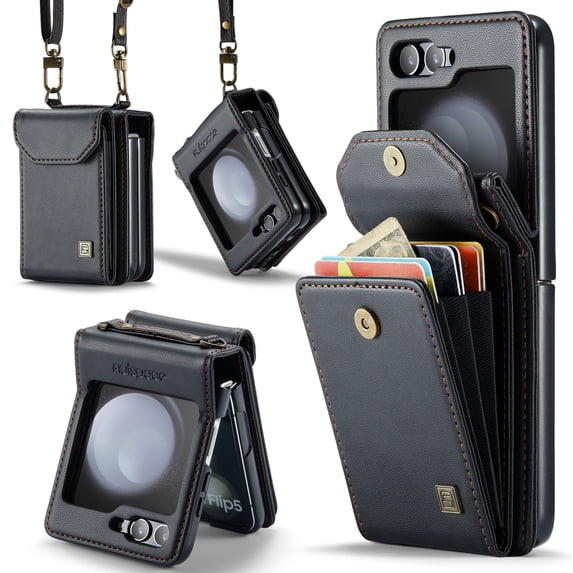 for Samsung Galaxy Z Flip 5 Wallet Case, PU Leather Magnetic Snap Crossbody Strap & Wristband Card Slots RFID Blocking Drop Protective Phone Case Cover for Samsung Galaxy Z Flip 5 - Black