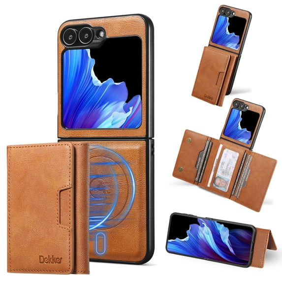 for Samsung Galaxy Z Flip 5 Wallet Case, Protective Magnetic Phone Cover Compatible with Mag-Safe & Support Car Mount, Luxury PU Leather Purse Case with Card Slots for Samsung Galaxy Z Flip 5, Brown
