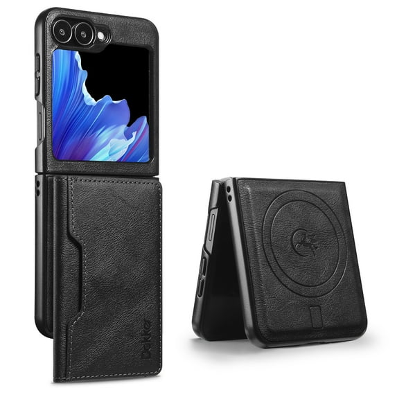 For Samsung Galaxy Z Flip 5 Wallet Phone Case,2-in-1 Magnetic Detachable Card Holder,Compatible with Mag-Safe,With Card Slots,Kickstand,PU Leather Anti-Drop Shockproof Phone Case,Black