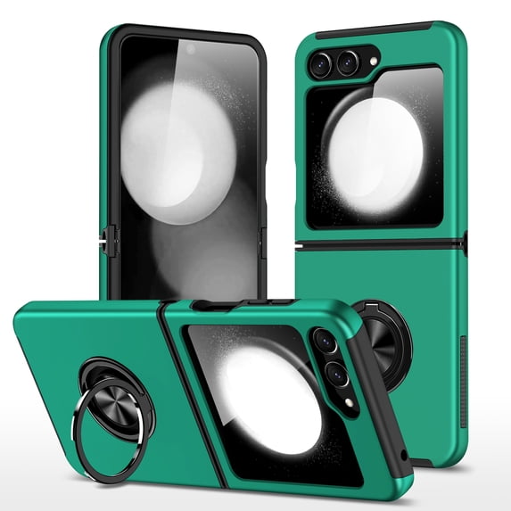 for Samsung Galaxy Z Flip 6 Case, 360° Rotatable Ring Holder Kickstand Dual Layer Military-Grade Drop Tested Protection Support Car Holder Mount Magnetic Absorbing Bumper Phone Case, Darkgreen