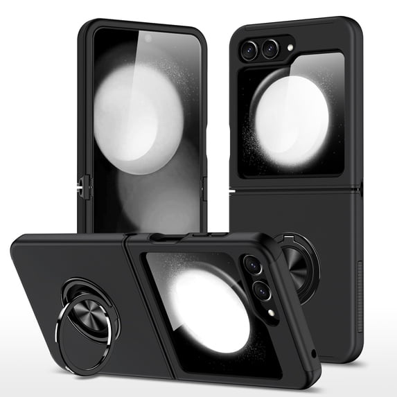 for Samsung Galaxy Z Flip 6 Case, 360° Rotatable Ring Holder Kickstand Dual Layer Military-Grade Drop Tested Protection Support Car Holder Mount Magnetic Absorbing Bumper Phone Case, Black