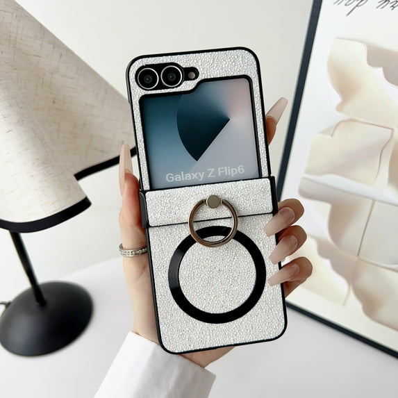for Samsung Galaxy Z Flip 6 Case, Built-in Kickstand & Hinge Protection Phone Case, Support Wireless Charging, Rhinestone Secure Ring Grip Scratch Resistant Shockproof Protective Cover, White