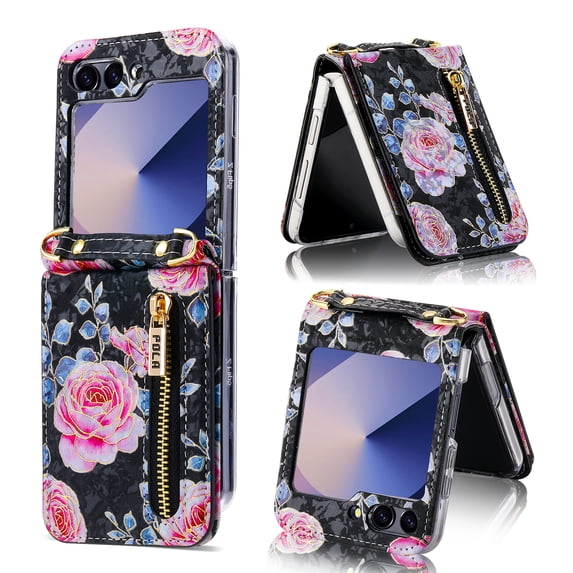 for Samsung Galaxy Z Flip 6 Case with Card Holder, for Galaxy Z Flip 6 Rose Flower Pattern PU Leather Zipper Wallet Case with Flip Kickstand Shockproof Protective Phone Cover for Women Men, Black
