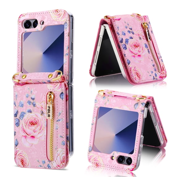 for Samsung Galaxy Z Flip 6 Case with Card Holder, for Galaxy Z Flip 6 Rose Flower Pattern PU Leather Zipper Wallet Case with Flip Kickstand Shockproof Protective Phone Cover for Women Men, Pink