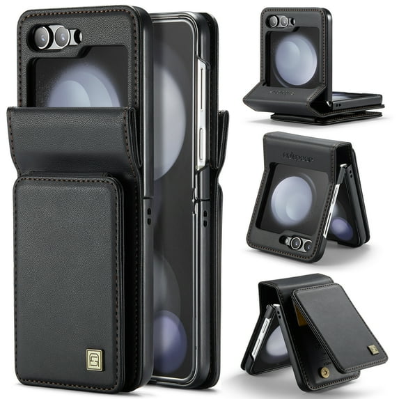 for Samsung Galaxy Z Flip 6 Case with Card Holder, for Samsung Z Flip 6 Wallet Case with RFID Blocking, Magnetic Closure Back Card Holder Kickstand Premium PU Leather Durable Shockproof Case,Black